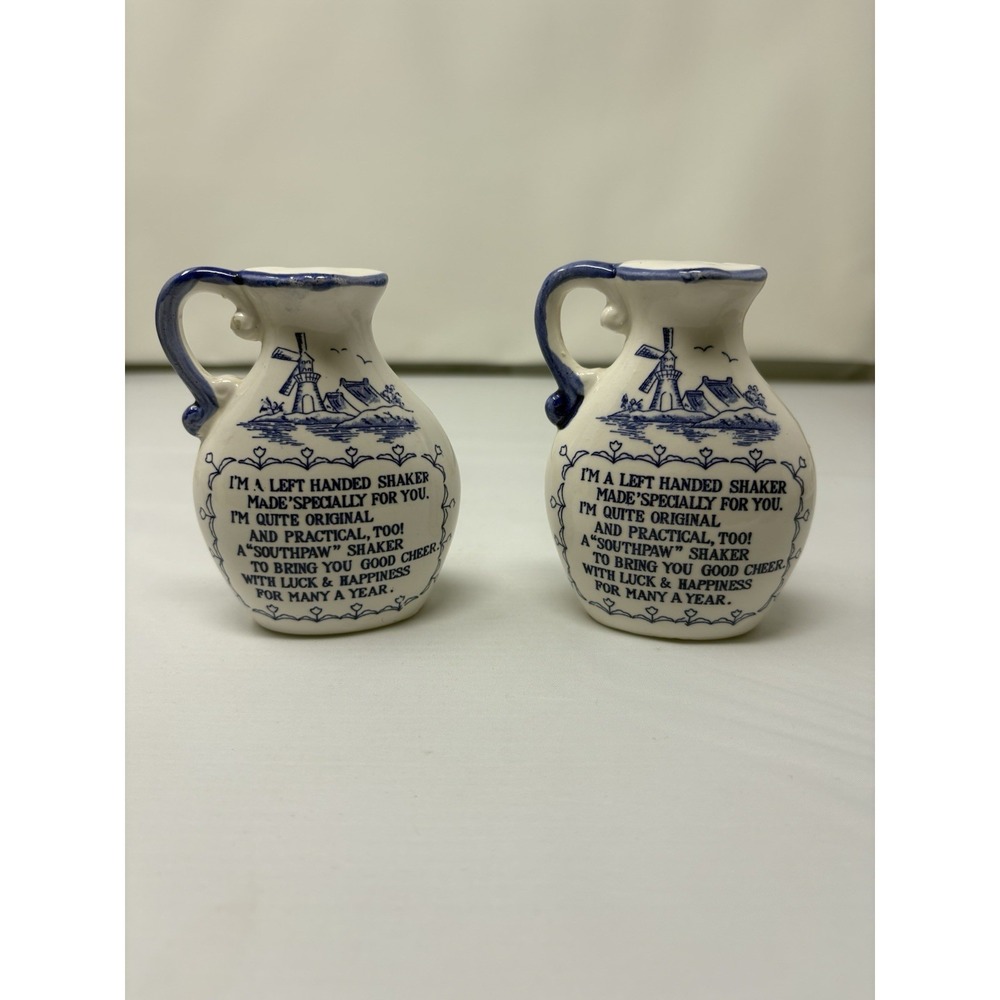 Blue White Left Handed South Paw Salt & Pepper Shakers Boats Vintage Japan